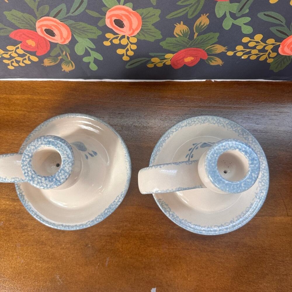 Vintage Hermitage Pottery Spongeware Cottage Heart Candle Holders – Set of 2 - Picture 4 of 8